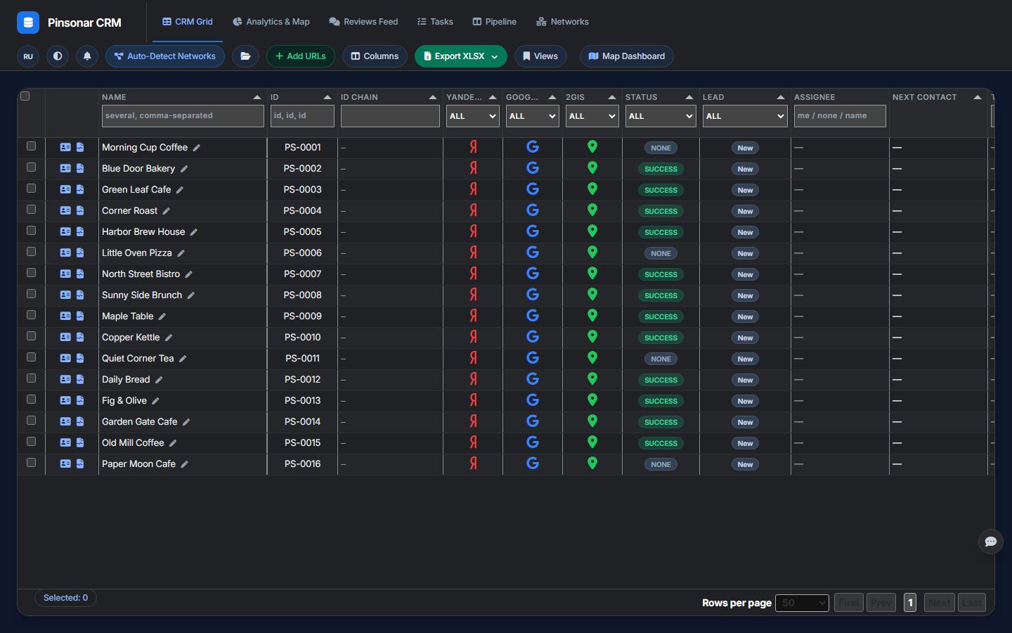 The table of listings with ratings from three maps, status and lead columns