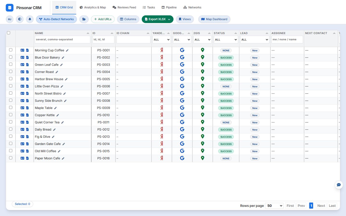 The table of listings with ratings from three maps, status and lead columns