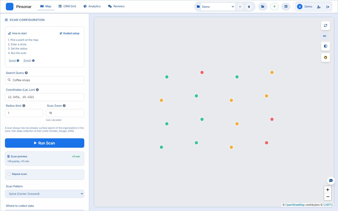 The Pinsonar map: businesses of one area as coloured points next to the scan panel